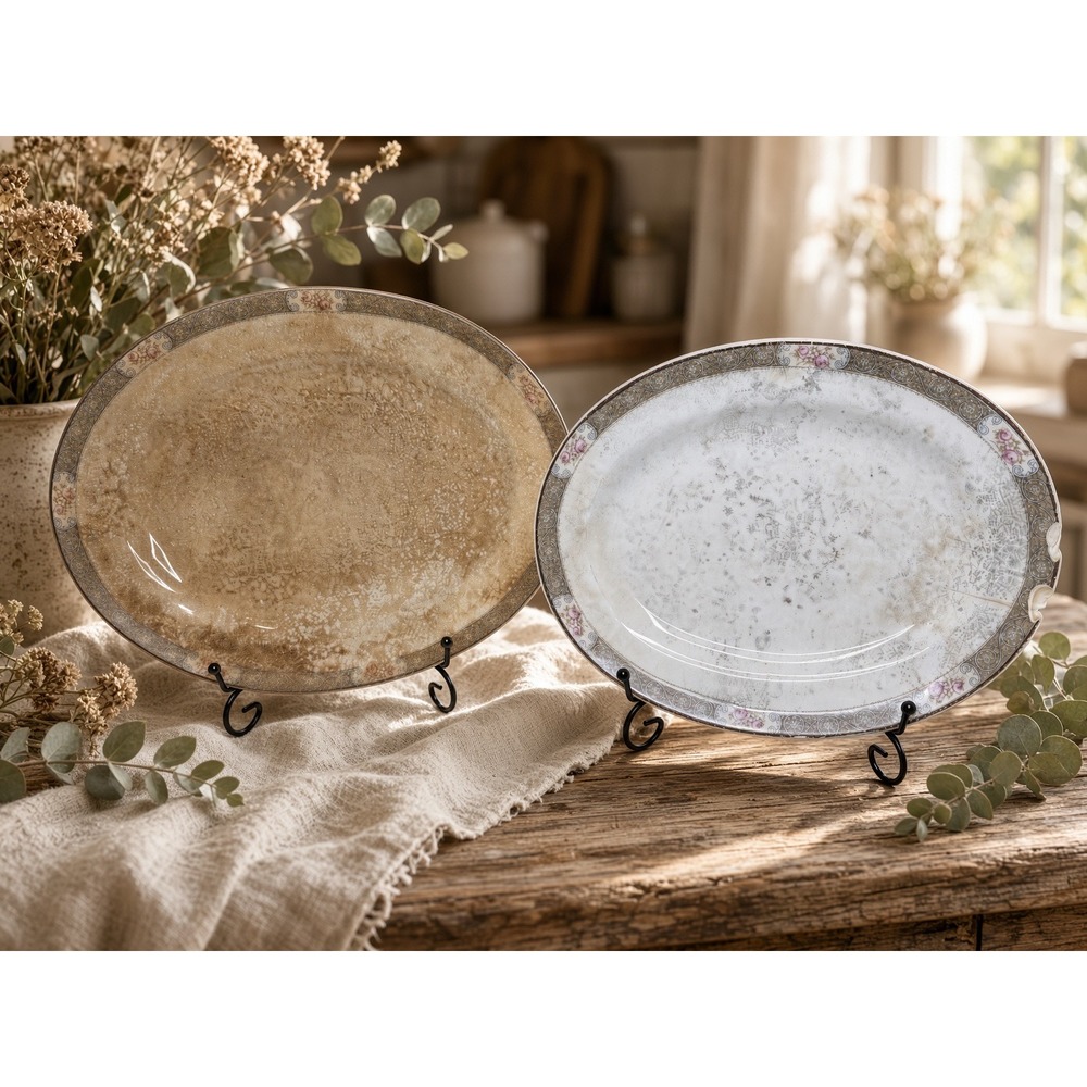 Vintage Saxon China Oval Platters Set of 2 Floral Border Crazed Farmhouse